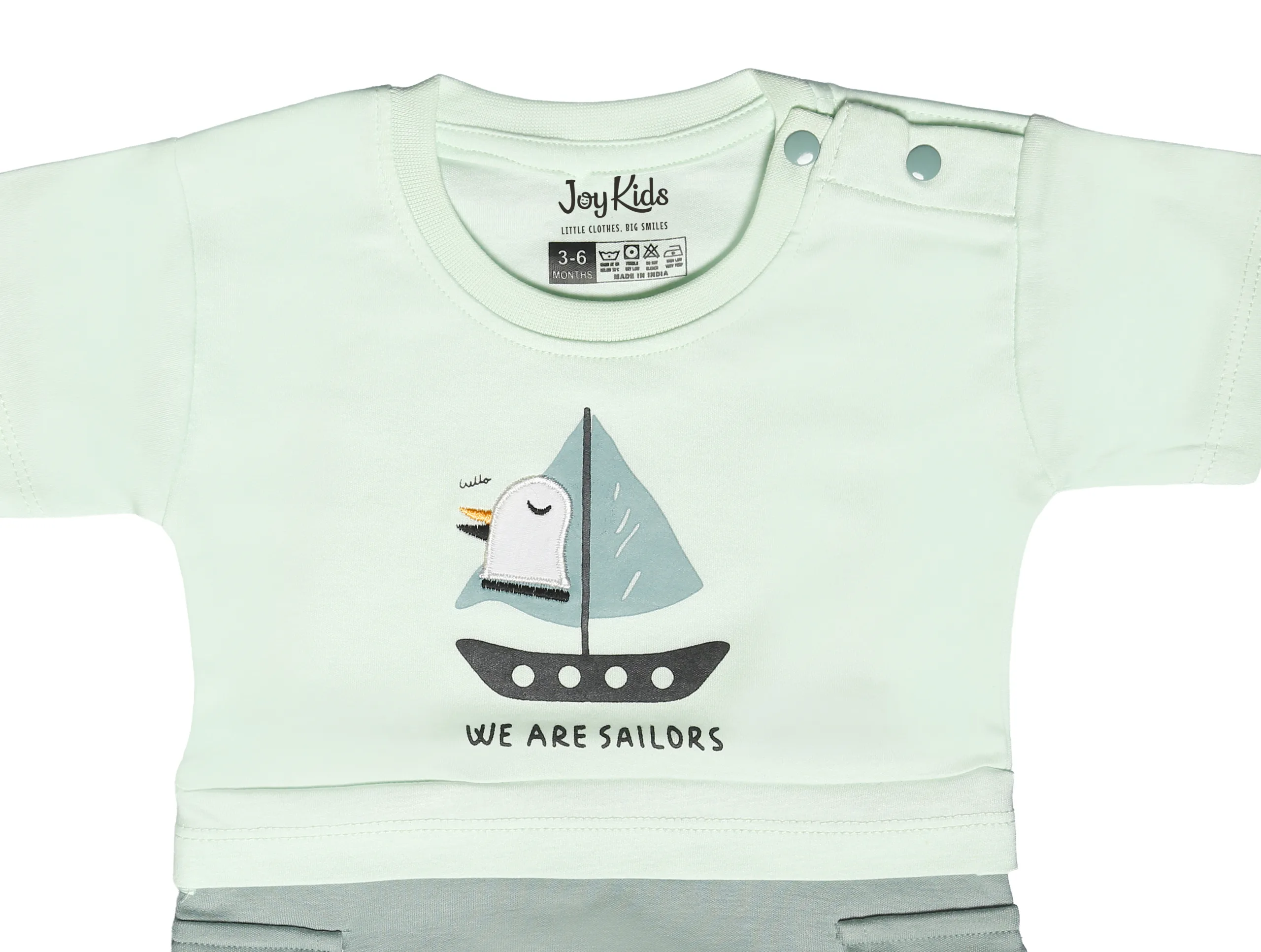 Joy Kids Baby Romper, Sailor Graphic Print, Half Sleeve Cotton Jumpsuit with Cargo Pockets & Snap Button Closure, Soft Summer Casual Wear for Babies