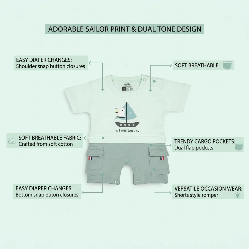 Joy Kids Baby Romper, Sailor Graphic Print, Half Sleeve Cotton Jumpsuit with Cargo Pockets & Snap Button Closure, Soft Summer Casual Wear for Babies