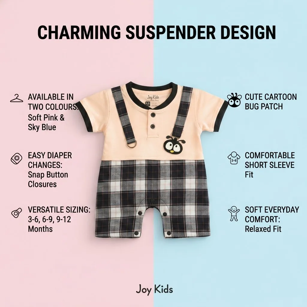 Joy Kids Baby Romper, Plaid Suspender Style with Cartoon Patch, Soft Cotton Short Sleeve Jumpsuit, Snap Button Closure