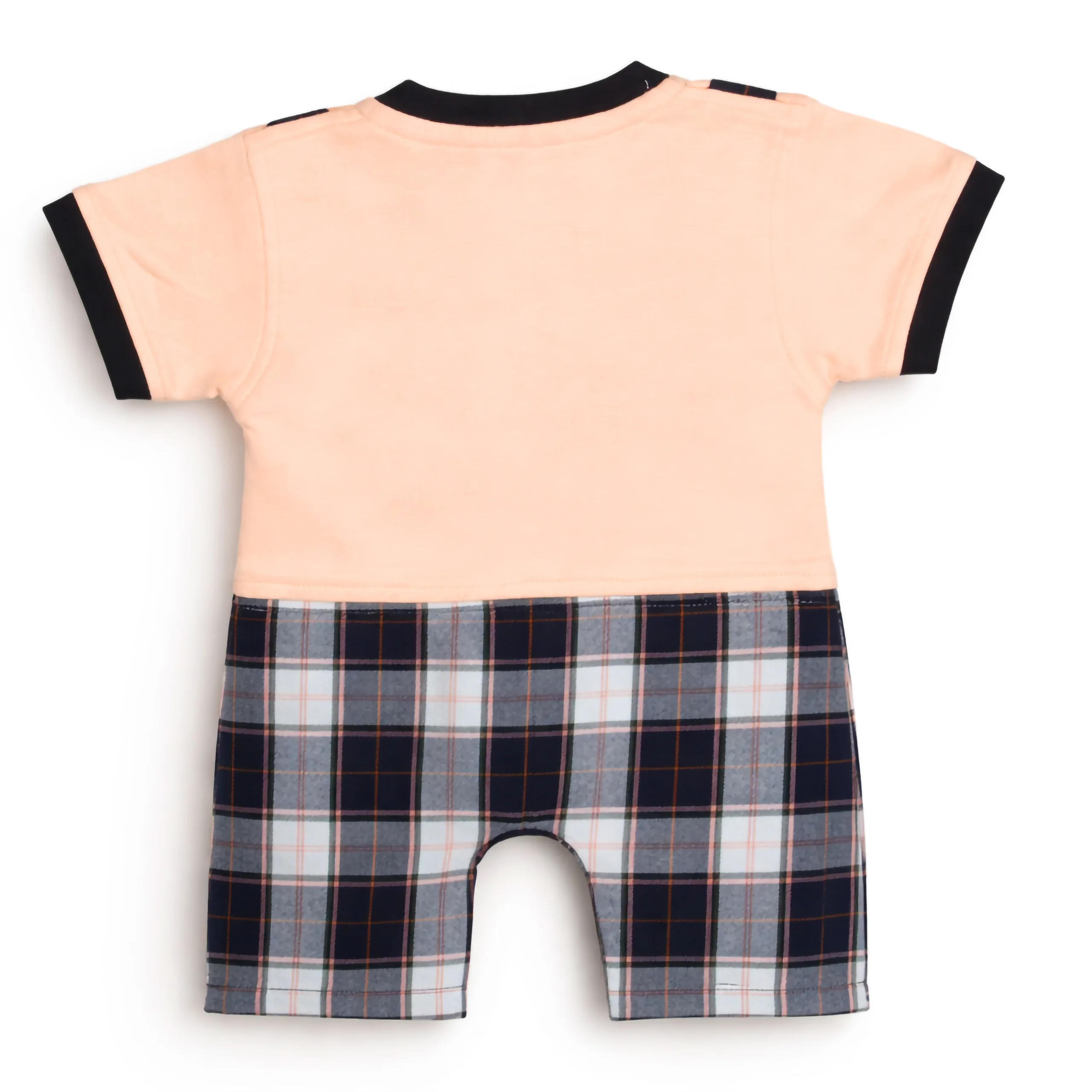 Joy Kids Baby Romper, Plaid Suspender Style with Cartoon Patch, Soft Cotton Short Sleeve Jumpsuit, Snap Button Closure