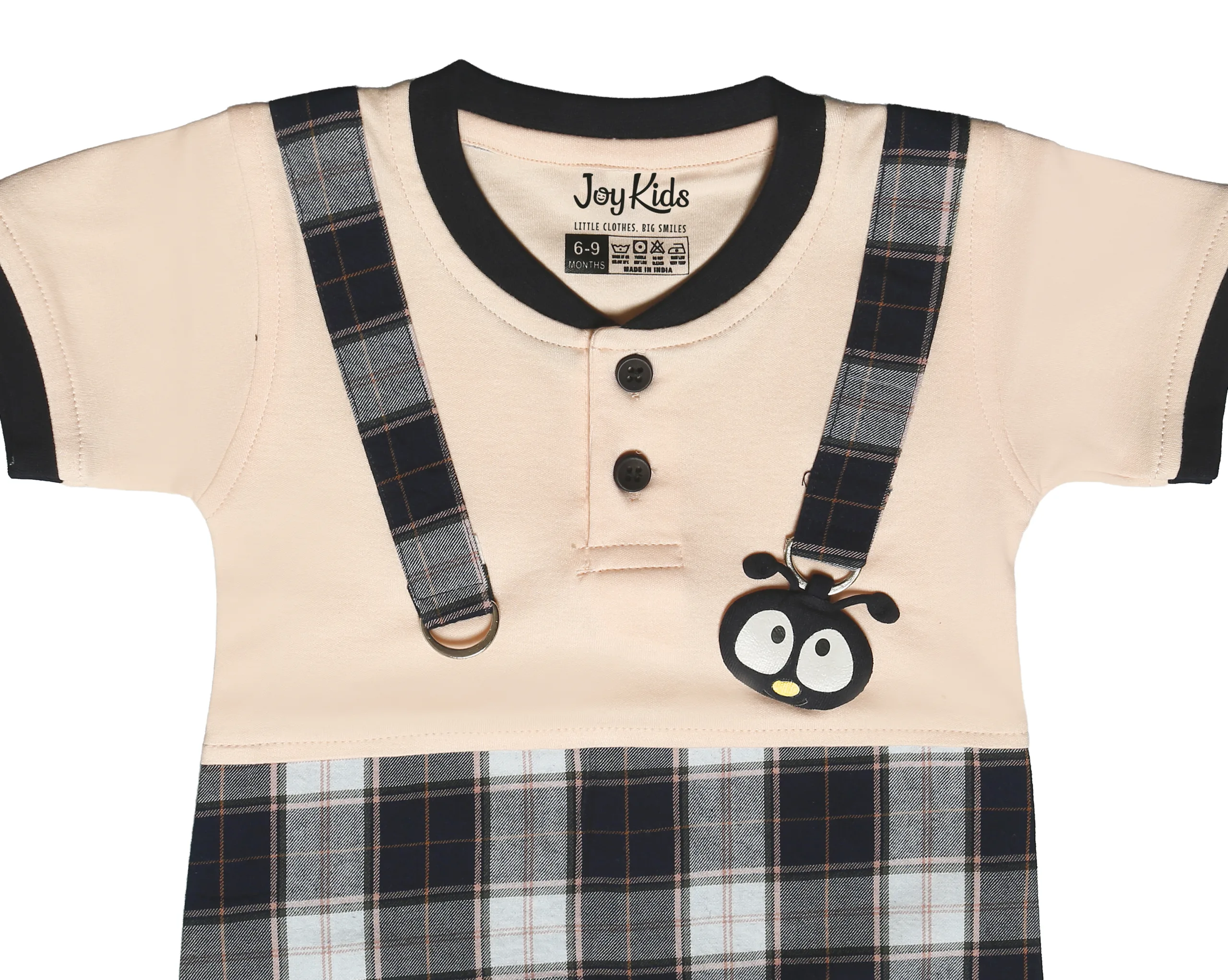 Joy Kids Baby Romper, Plaid Suspender Style with Cartoon Patch, Soft Cotton Short Sleeve Jumpsuit, Snap Button Closure