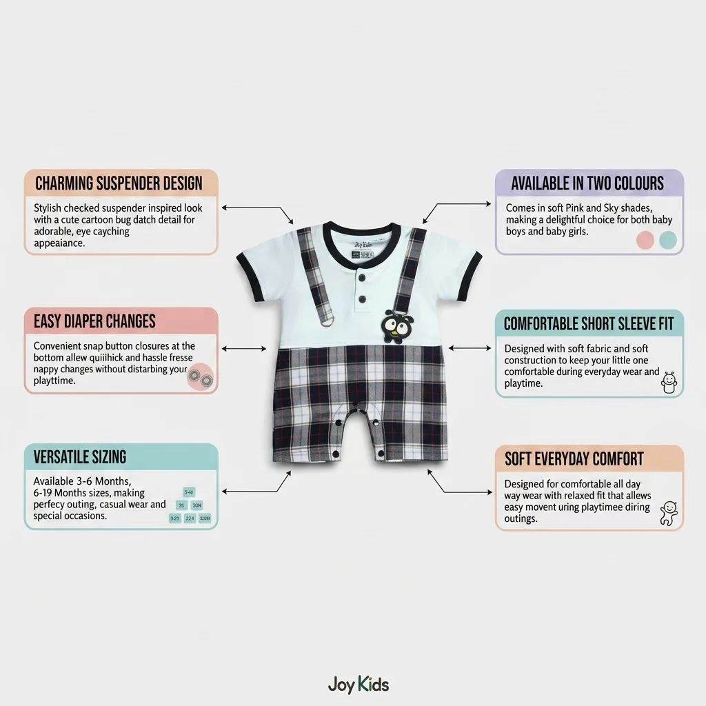 Joy Kids Baby Romper, Plaid Suspender Style with Cartoon Patch, Soft Cotton Short Sleeve Jumpsuit, Snap Button Closure
