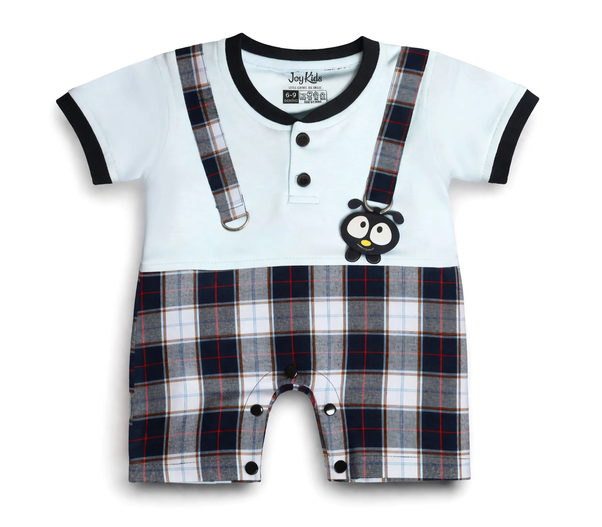 Joy Kids Baby Romper, Plaid Suspender Style with Cartoon Patch, Soft Cotton Short Sleeve Jumpsuit, Snap Button Closure