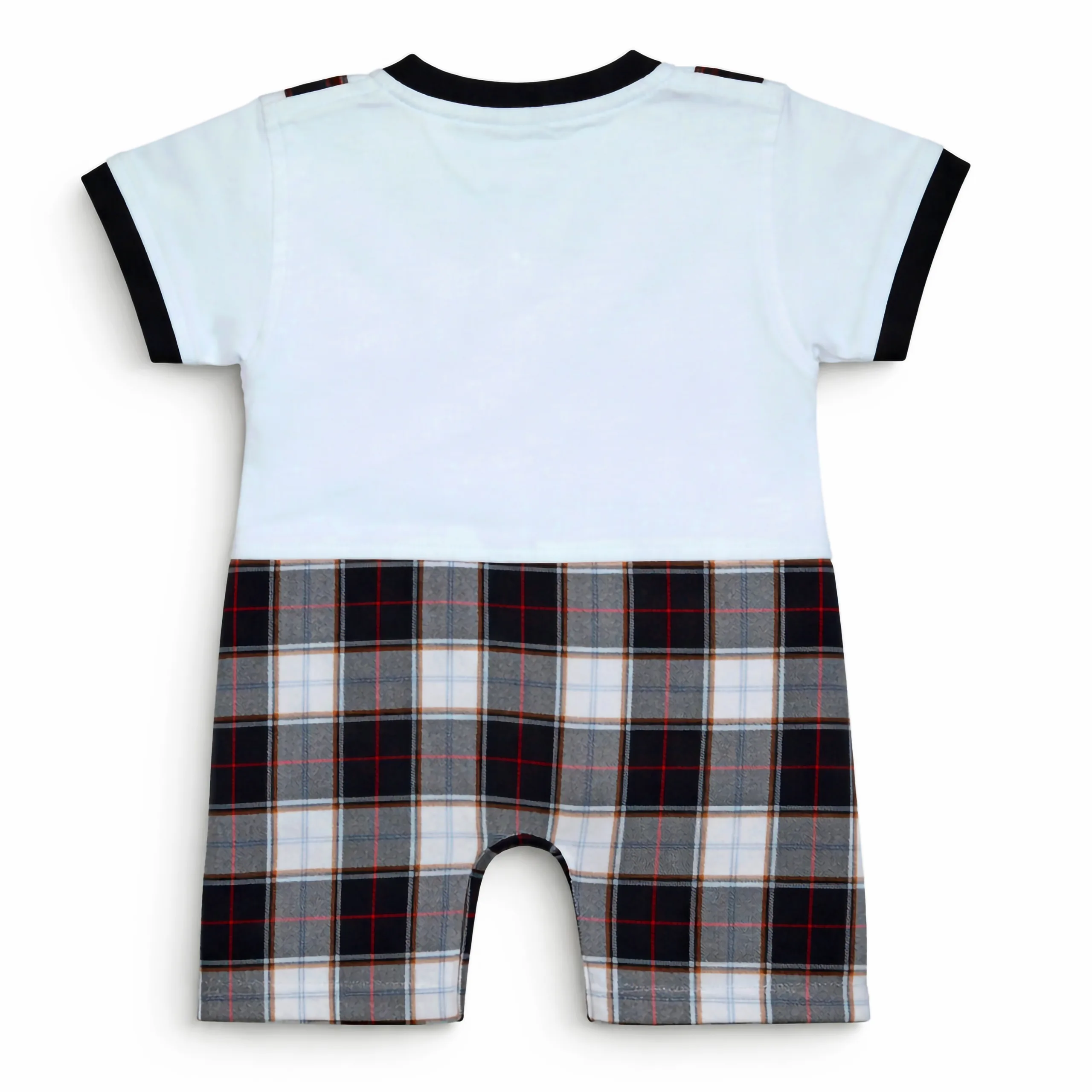 Joy Kids Baby Romper, Plaid Suspender Style with Cartoon Patch, Soft Cotton Short Sleeve Jumpsuit, Snap Button Closure