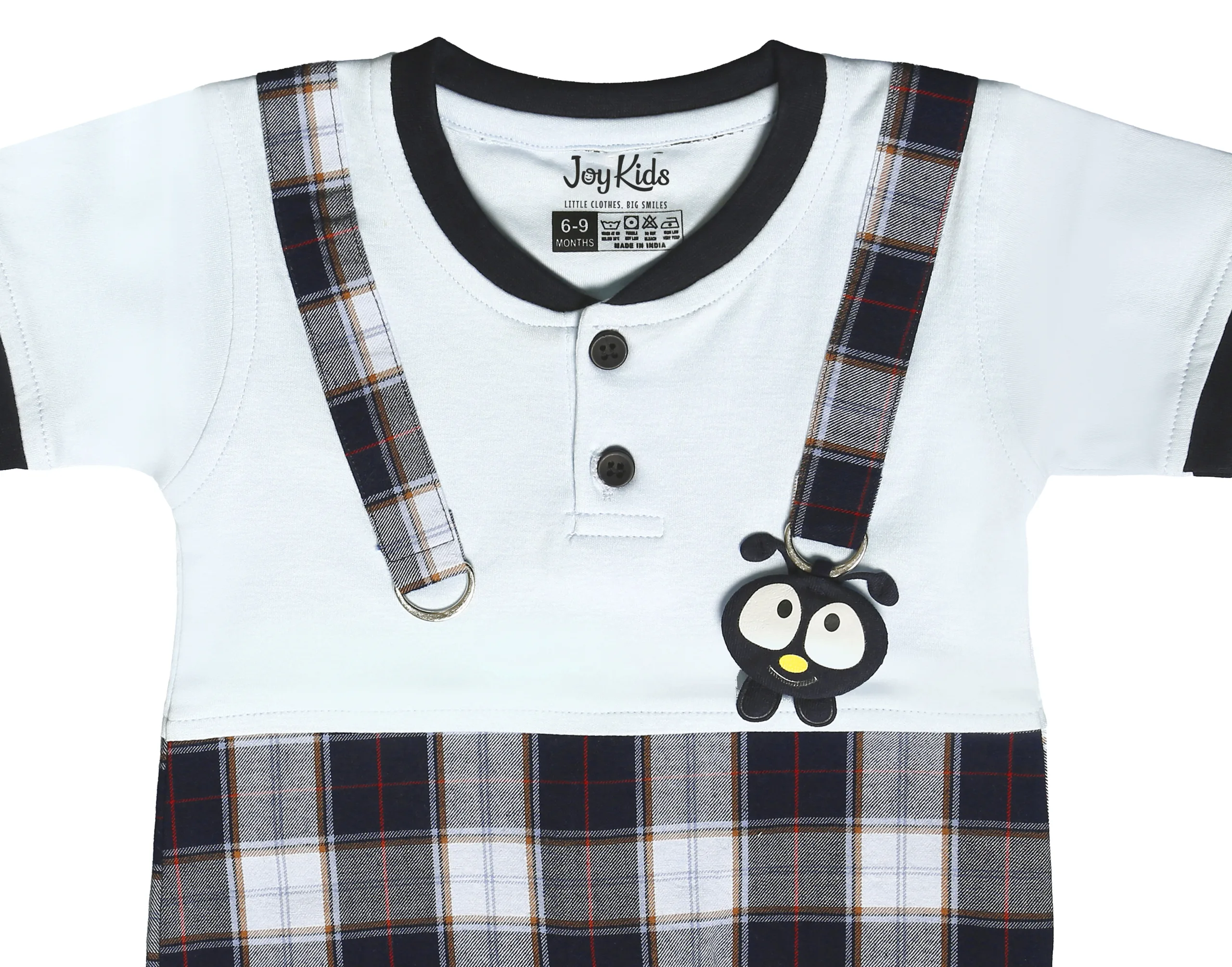 Joy Kids Baby Romper, Plaid Suspender Style with Cartoon Patch, Soft Cotton Short Sleeve Jumpsuit, Snap Button Closure